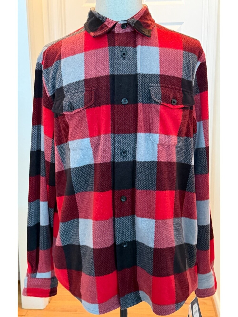 NWT Chaps Men's Fleece Flannel Button Up Shirt L Large Park Avenue Red Multi Che